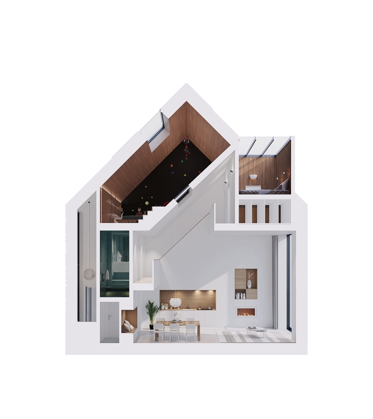 Een dwarsdoorsnede van het ideale rijtjeshuis, volgens ontwerp van architecten Jeroen Atteveld en Dingeman Deijs in opdracht van Funda. De twee architecten gebruikten data van de huizensite om criteria op te stellen waaraan hun rijtjeshuis moet voldoen. Ruimte was een belangrijke voorwaarde. (funda)
