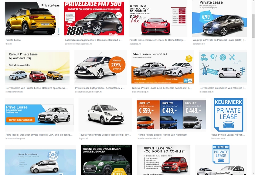 Wie op Google de zoekterm private lease intikt, krijgt een enorm aanbod te zien. Het onderstreept hoe populair het autoleasen aan het worden is. (google)