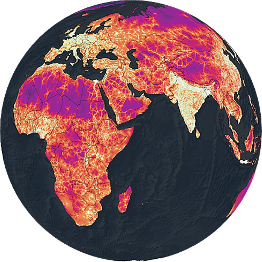 Een globale kaart ter illustratie van de ruimtelijke ongelijkheden van bereikbaarheid naar steden. Hoe paarser en donkerder de kleur, hoe langer de reistijd. In het Westen en in India is de reistijd relatief kort. (the malaria atlas project, university of oxford)
