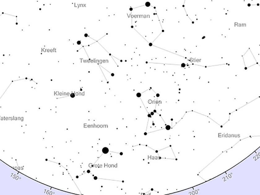 De zuidelijke sterrenhemel met het sterrenbeeld Orion, tijdens de piek van de Orioniden in de nanacht van 22 oktober. (www.heavens-above.com)
