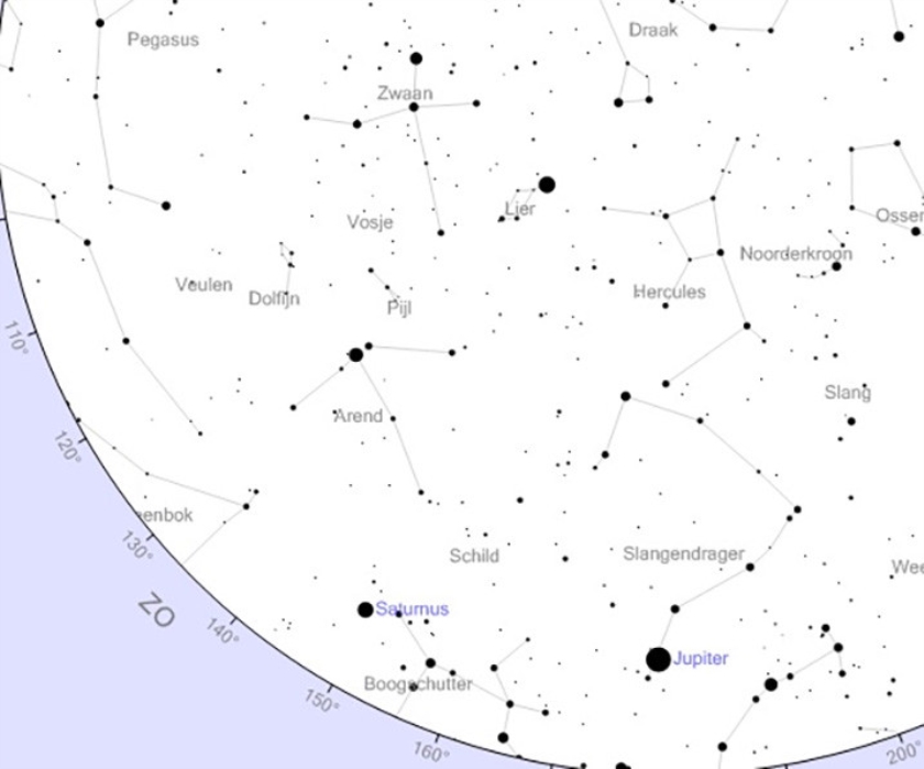 De zuidwestelijke sterrenhemel van vannacht. Jupiter en Saturnus staan laag in het zuiden. (www.heavens-above.com)