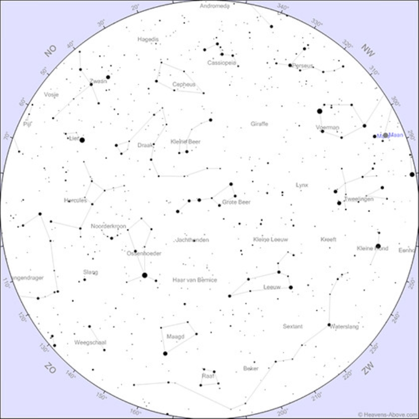 De westelijke sterrenhemel van 9 mei rond 23 uur. De maansikkel staat vlak onder de planeet Mars. (www.heavens-above.com)