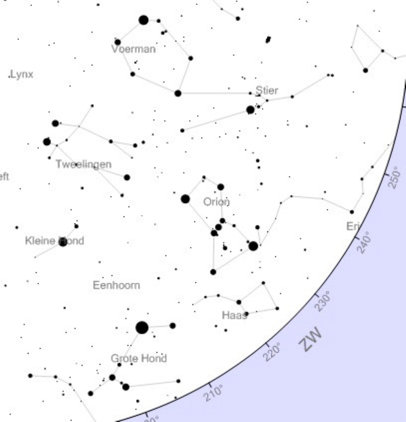 De sterrenhemel van vanavond rond middernacht. De ‘winterzeshoek’ staat hoog in het zuidwesten. (www.heavens-above.com)