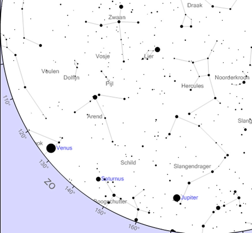 De zuidoostelijke sterrenhemel van morgenochtend, 6.30 uur. De planeten Venus, Saturnus en Jupiter staan op een rij. (www.heavens-above.com)