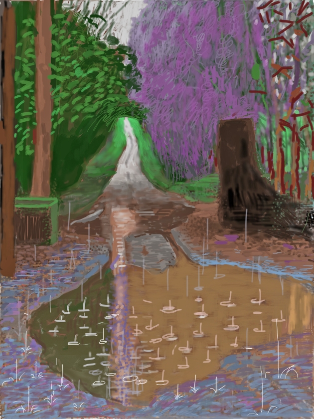 David Hockney, ‘18 December’ uit de serie The Arrival of Spring in Woldgate, East Yorkshire in 2011 (twenty eleven), iPad-tekeningen gedrukt op papier, 118,1 x 88,9 cm, Van Gogh Museum (t/m 26 mei 2019) (Richard Schmidt)